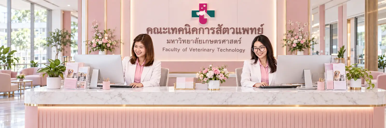 ภาพประกอบ spp และ kwt ต้อนรับผู้มาติดต่อหลังเคาน์เตอร์ธีมชมพู พร้อมโลโก้เหนือป้ายคณะเทคนิคการสัตวแพทย์ มหาวิทยาลัยเกษตรศาสตร์