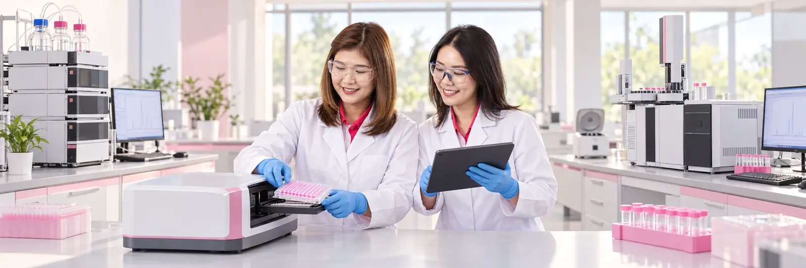 ภาพประกอบ spp และ kwt ในห้องปฏิบัติการเครื่องมือชั้นสูงธีมชมพู พร้อม microplate reader, HPLC และ GC-MS